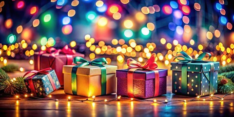 Night Photography of Christmas Gift Boxes Icon, Filled and Outlined Styles, Surprise Gift Box, Holiday Decorations, Festive Atmosphere, Seasonal Celebration, Bokeh Lights