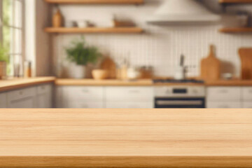 Kitchen wood table top for product display with blurred modern interior. Wooden tabletop over defocused kitchen background. kitchen furniture and desk space. product promotion in the kitchen