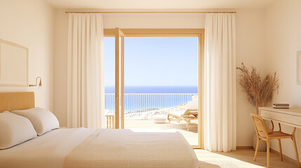 Fototapeta premium A serene bedroom with stunning ocean view, featuring cozy bed, light curtains, and stylish desk. calming atmosphere invites relaxation and tranquility