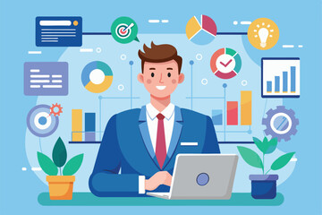Executive manager analyzes charts and data while planning projects in a modern office environment Executive manager planning and monitoring