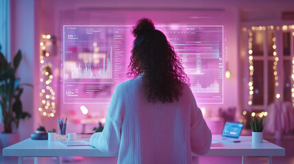 A woman with curly hair is working at desk, analyzing data on futuristic holographic display. room is illuminated with soft pink and purple lights, creating modern and vibrant atmosphere