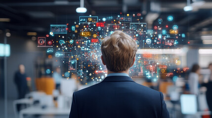 Obraz premium A man in suit stands in an office, gazing at digital interface filled with colorful data visualizations and icons, symbolizing technology and innovation
