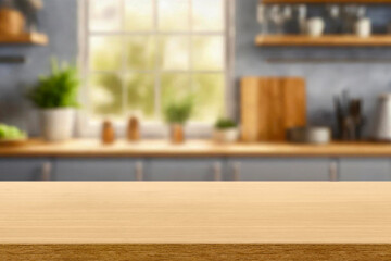 Kitchen wood table top for product display with blurred modern interior. Wooden tabletop over defocused kitchen background. kitchen furniture and desk space. product promotion in the kitchen