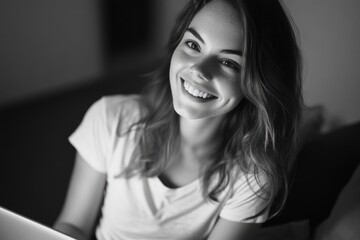 Naklejka premium Woman on couch with laptop