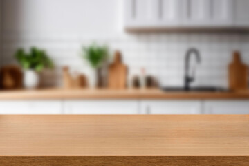 Kitchen wood table top for product display with blurred modern interior. Wooden tabletop over...