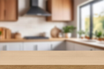Kitchen wood table top for product display with blurred modern interior. Wooden tabletop over defocused kitchen background. kitchen furniture and desk space. product promotion in the kitchen