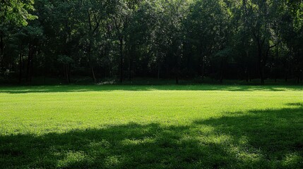 Obraz premium Lush Green Meadow Surrounded by Dense Trees in Bright Daylight Setting