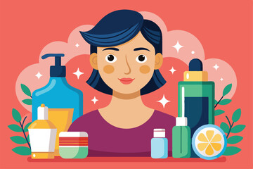 A woman is surrounded by an array of different face and skin care products on a colorful background Face and skin care,