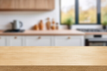 Kitchen wood table top for product display with blurred modern interior. Wooden tabletop over defocused kitchen background. kitchen furniture and desk space. product promotion in the kitchen