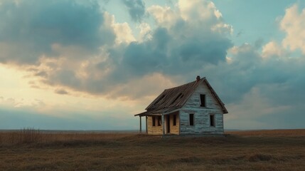 A solitary, weathered house stands in an open field under a dramatic sky.