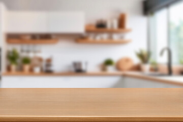 Kitchen wood table top for product display with blurred modern interior. Wooden tabletop over defocused kitchen background. kitchen furniture and desk space. product promotion in the kitchen