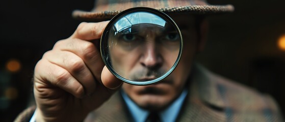 Detective examining clues with magnifying glass.