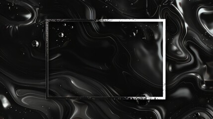 Abstract black and white fluid background with a rectangular frame for text or images.