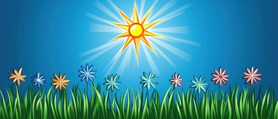 Obraz premium Field of flowers with a bright sun shining on them. The sun is the main focus of the image, and the flowers are arranged in a way that creates a sense of harmony and balance