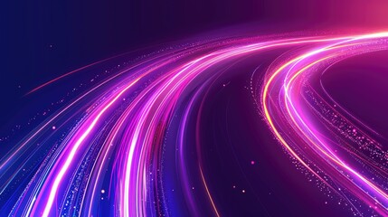 A vibrant abstract design featuring flowing lines of light in purple and pink hues.
