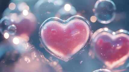 Fototapeta premium A dreamy close-up of translucent hearts surrounded by bubbles, evoking feelings of love and whimsy in a soft, colorful atmosphere.