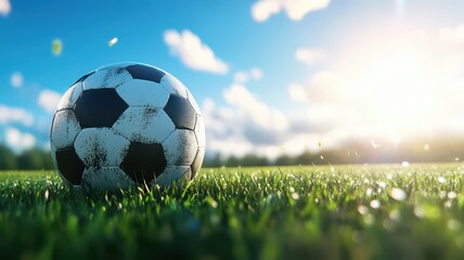 Fototapeta premium A close-up of a classic soccer ball resting on lush green grass, illuminated by bright sunlight under a clear blue sky.