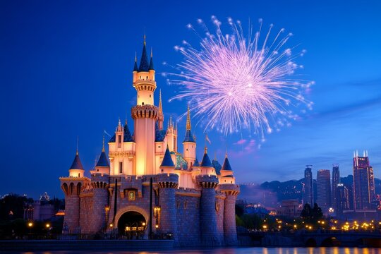 A magical fireworks show over a theme park castle, with bursts of light creating fantastical shapes