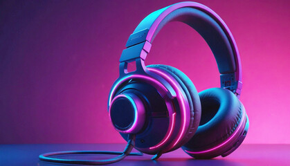 Gaming Headphone, futuristic glowing headphones with vibrant blue and purple neon lights against a gradient pink and purple background. Generative AI