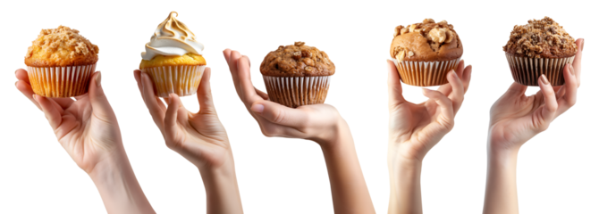 Collection set of hand holding Muffin muffins on transparent cutout, PNG file. Many assorted different flavour, bran oat, lemon meringue, banana crumbs, peanut walnut nuts. Mockup template for design	