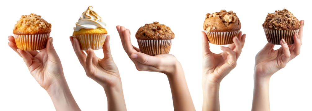 Collection set of hand holding Muffin muffins on transparent cutout, PNG file. Many assorted different flavour, bran oat, lemon meringue, banana crumbs, peanut walnut nuts. Mockup template for design	