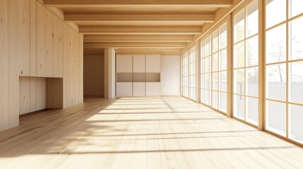 Fototapeta premium A spacious, modern interior with wooden elements and large windows for natural light.