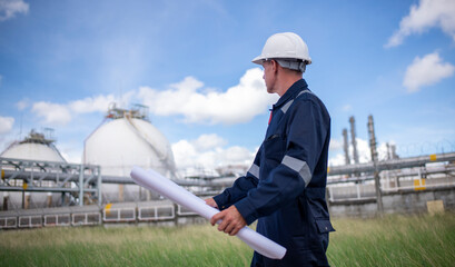 Engineers wearing safety gear, including hard hats examining survey detail standing industrial facility gas or oil refinery engaged in a job requires high safety standards concept.	