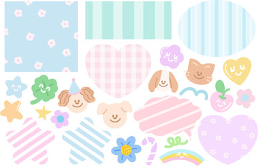 Pastel vector illustrations of puppy, cat, party hat, flowers, heart, rainbow, candy cane, cherry, text bubble, star for cartoon, characters, pet shop, comic, mascot, vet, floral print, text, message