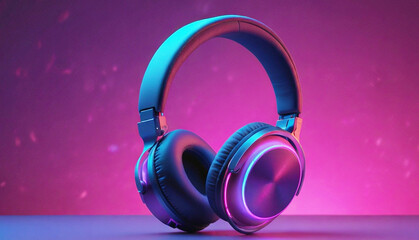 Gaming Headphone, futuristic glowing headphones with vibrant blue and purple neon lights against a gradient pink and purple background. Generative AI