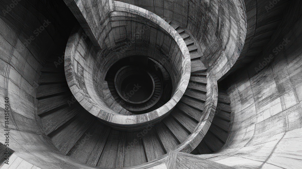 Poster a spiraling staircase viewed from above, showcasing intricate architectural design.