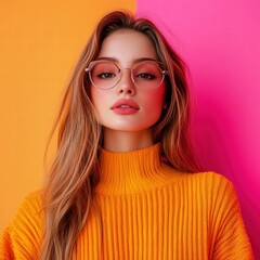 A Young Woman with Glasses Posing Against a Colorful Background