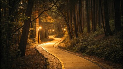 Obraz premium Wooden walkway winding through trees in a forest, illuminated by soft street lights at night, creating a serene and inviting atmosphere filled with mystery and tranquility