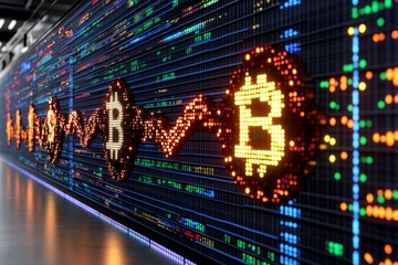 Obraz premium A pixel art representation of a stock market screen, with colorful graphs, charts, and animated dollar signs, evoking a retro gaming style