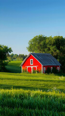Obraz premium Classic Red Barn Amidst Lush Green Fields and Serene Countryside Landscape on a Clear Day