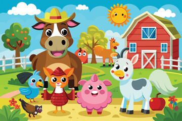 Obraz premium Cartoon farm animals playfully interact on a sunny day outside a bright red barn Farm animals Customizable Cartoon Illustration