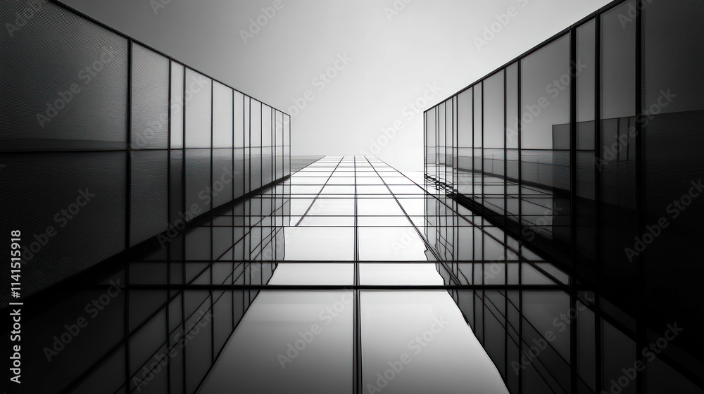 Aufkleber a striking view of a modern glass building from below, emphasizing its sleek design and symmetry.