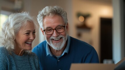 Happy elderly couple enjoying time together while sorting through family memories and helping each other in a cozy home environment