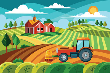A tractor plows a colorful farm field near a rustic red barn on a sunny day Farm field with tractor,