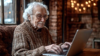 Elderly Person Engaged in Learning How to Use Technology on Laptop in Cozy Indoor Setting with Warm Lighting and Comfortable Atmosphere