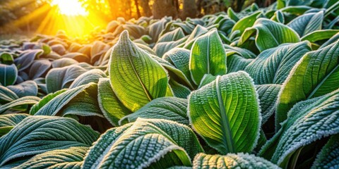 Obraz premium Stunning Drone Photography of Frost-Covered Plantain Leaves in a Serene Natural Landscape, Capturing the Beauty of Nature's Winter Touch and Unique Textures of Tropical Foliage