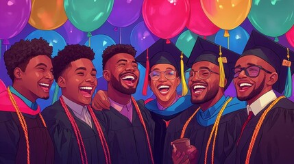 Joyful Diverse Graduates Celebrating with Colorful Balloons in Graduation Caps and Gowns, Capturing Laughter and Achievement Moments