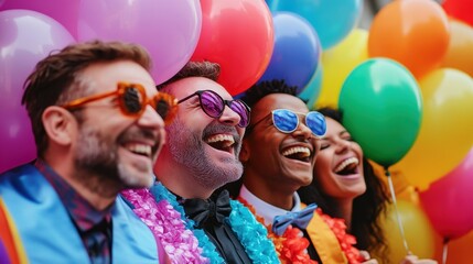 Joyful Diverse Group of Graduates Celebrating with Colorful Balloons and Bright Accessories in a Fun, Festive Atmosphere