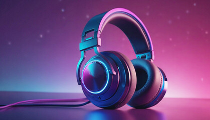 Gaming Headphone, futuristic glowing headphones with vibrant blue and purple neon lights against a gradient pink and purple background. Generative AI
