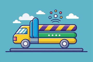 Fototapeta premium A vibrant delivery truck moves along a road under a bright blue sky with white clouds Fast loading Customizable Semi Flat Illustration