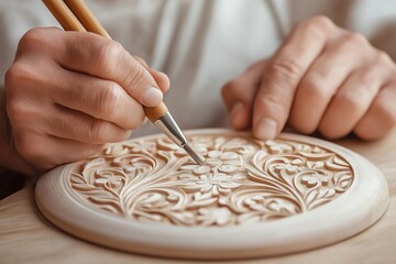 Carver Creating Ornate Design on Wooden Surface. Hand Engraving Floral Patterns With Precision Tools. Traditional Wood Carving Craftsmanship. Detailed Artistic Work. AI generated