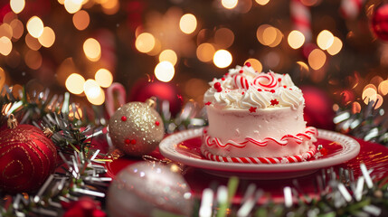 A small cream cake with a delicate candy cane border, sitting on a red-and-white plate surrounded by Christmas decorations, such as tinsel and ornaments.
