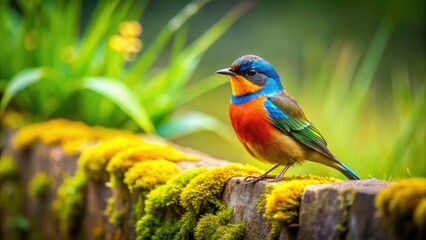Obraz premium Tilt-Shift Photography of a Serene Bird Perched on a Stone Wall, Capturing Nature's Beauty in Miniature Detail, Ideal for Nature Lovers and Photography Enthusiasts