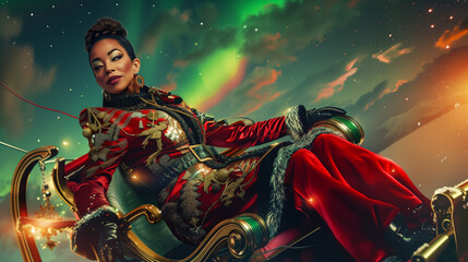 Fototapeta premium A striking woman with an air of confidence rides Santa's sleigh, decked out in an elegant Christmas-themed coat, as it ascends from the North Pole.