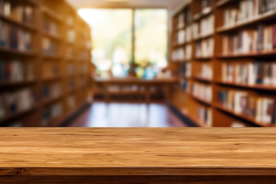 empty wooden table top blurred library or book store setting with books and reading material.Wooden tabletop over defocused bookcase background. product promotion in the library.