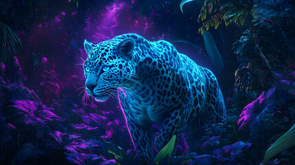 Neon Leopard in Lush Jungle 3D Illustration